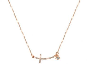 Κολιέ Από Ασήμι 925 Ροζ Επιχρυσωμένο Με Σταυρό Και Ματάκι EX16684 - AMOR AMOR - 