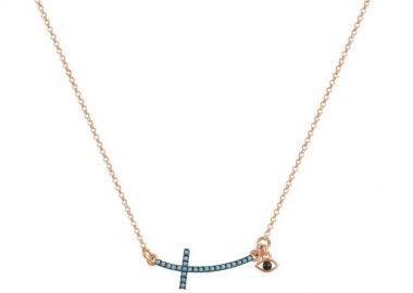 Κολιέ Από Ασήμι 925 Ροζ Επιχρυσωμένο Με Σταυρό Και Ματάκι EX16687 - AMOR AMOR - 