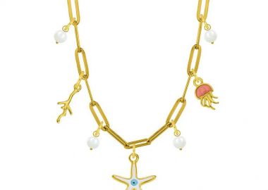 Κολιέ Από Ατσάλι Επιχρυσωμένο Με Αστερία, Κοράλλι Και Μέδουσα AA13730 - AMOR AMOR - 