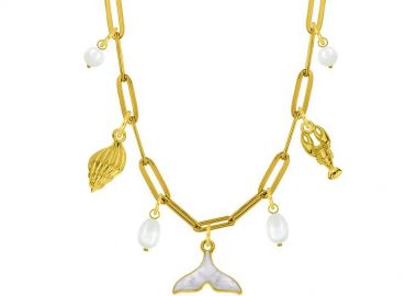 Κολιέ Από Ατσάλι Επιχρυσωμένο Με Κοχύλι, Ουρά Φάλαινας Και Αστακό AA13719 - AMOR AMOR - 