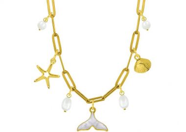 Κολιέ Από Ατσάλι Επιχρυσωμένο Με Κοχύλι, Ουρά Φάλαινας Και Αστερία AA13720 - AMOR AMOR - 