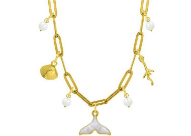 Κολιέ Από Ατσάλι Επιχρυσωμένο Με Ουρά Φάλαινας, Κοράλλι Και Κοχύλι AA13731 - AMOR AMOR - 