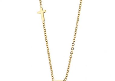 Κολιέ Από Ατσάλι Επιχρυσωμένο Με Ζιργκόν Και Σταυρό AS12168 - AMOR AMOR - 