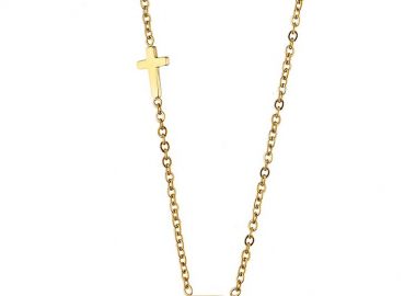 Κολιέ Από Ατσάλι Επιχρυσωμένο Με Ζιργκόν Πράσινο Και Σταυρό AS12170 - AMOR AMOR - 