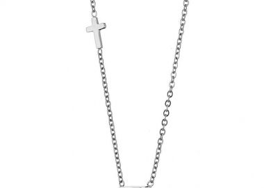 Κολιέ Από Ατσάλι Με Ζιργκόν Και Σταυρό AS12167 - AMOR AMOR - 