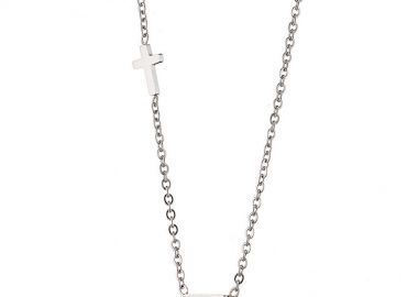 Κολιέ Από Ατσάλι Με Ζιργκόν Πράσινο Και Σταυρό AS12169 - AMOR AMOR - 