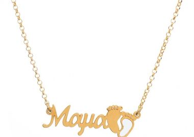 Κολιέ Μαμά και τα πατουσάκια του παιδιού(που δεν ξέρουμε ακόμα φύλο) με ημερομηνία γέννησης από επιχρυσωμένο ασήμι -  - 