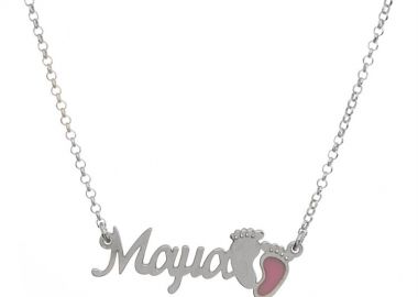 Κολιέ Μαμά και τα πατουσάκια του παιδιού κορίτσι με ημερομηνία γέννησης από ασήμι -  - 