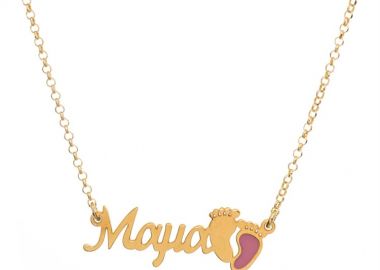 Κολιέ Μαμά και τα πατουσάκια του παιδιού κορίτσι με ημερομηνία γέννησης από επιχρυσωμένο ασήμι -  - 