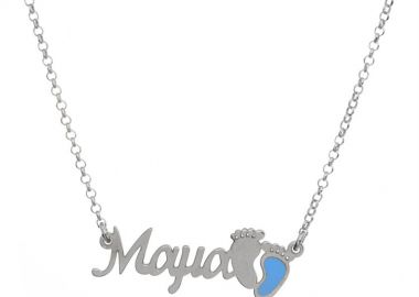 Κολιέ Μαμά και τις πατούσες του παιδιού αγόρι με ημερομηνία γέννησης από ασήμι -  - 