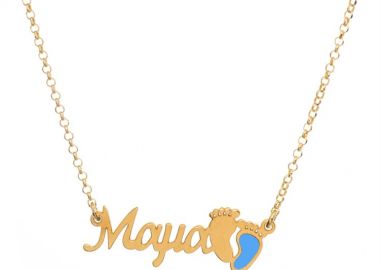 Κολιέ Μαμά και τις πατούσες του παιδιού αγόρι με ημερομηνία γέννησης από επιχρυσωμένο ασήμι -  - 