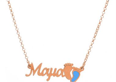 Κολιέ Μαμά και τις πατούσες του παιδιού αγόρι με ημερομηνία γέννησης από ρόζ επιχρυσωμένο ασήμι -  - 