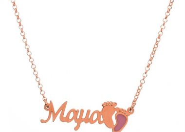 Κολιέ Μαμά και τις πατούσες του παιδιού κορίτσι με ημερομηνία γέννησης από ρόζ επιχρυσωμένο ασήμι -  - 