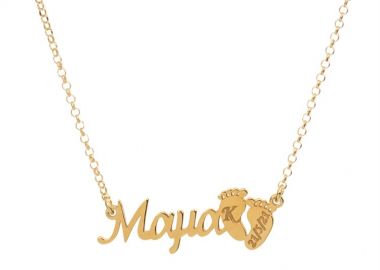 Κολιέ Μαμά και τις πατούσες του παιδιού με ημερομηνία γέννησης από επιχρυσωμένο ασήμι -  - 