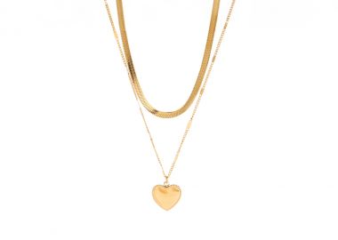 Κολιέ με διπλή αλυσίδα και καρδιά από ανοξείδωτο ατσάλι σε χρυσή απόχρωση -  - 