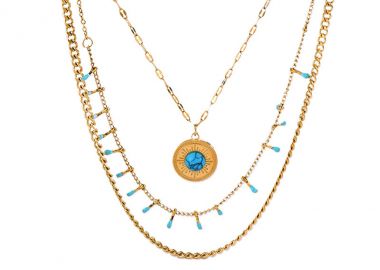 Κολιέ με πολλαπλές αλυσίδες και τυρκουάζ πέτρες από ανοξείδωτο ατσάλι σε χρυσή απόχρωση -  - 
