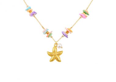 Κολιέ με πολύχρωμες πέτρες, κρεμαστό αστερία και πέρλα από ανοξείδωτο ατσάλι σε χρυσή απόχρωση -  - 