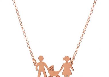 Κολιέ οικογένεια με τον μπαμπά την μάμα και το μωράκι τους στο κορότσι από ρόζ επιχρυσωμένο ασήμι -  - 