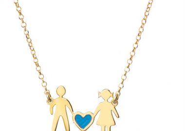 Κολιέ οικογένεια μπαμπάς μαμά και καρδιά μπλέ συμβολίζοντας το αγόρι τους από επιχρυσωμένο ασήμι -  - 