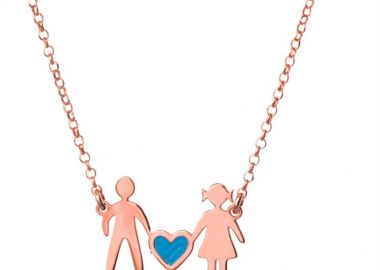 Κολιέ οικογένεια μπαμπάς μαμά και καρδιά μπλέ συμβολίζοντας το αγόρι τους από ρόζ επιχρυσωμένο ασήμι -  - 