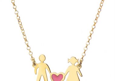 Κολιέ οικογένεια μπαμπάς μαμά και καρδιά ρόζ συμβολίζοντας το κορίτσι τους από επιχρυσωμένο ασήμι -  - 