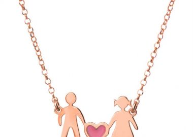 Κολιέ οικογένεια μπαμπάς μαμά και καρδιά ρόζ συμβολίζοντας το κορίτσι τους από ρόζ επιχρυσωμένο ασήμι -  - 