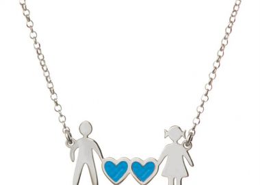 Κολιέ οικογένεια μπαμπάς μαμά και καρδιές μπλέ συμβολίζοντας τα 2 αγόρια τους από ασήμι -  - 