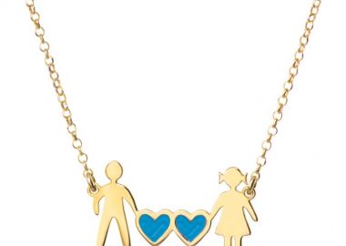 Κολιέ οικογένεια μπαμπάς μαμά και καρδιές μπλέ συμβολίζοντας τα 2 αγόρια τους από επιχρυσωμένο ασήμι -  - 