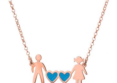 Κολιέ οικογένεια μπαμπάς μαμά και καρδιές μπλέ συμβολίζοντας τα 2 αγόρια τους από ρόζ επιχρυσωμένο ασήμι -  - 