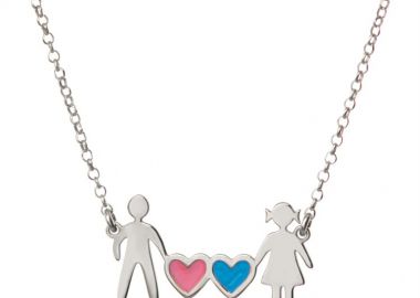 Κολιέ οικογένεια μπαμπάς μαμά και καρδιές ρόζ και μπλέ συμβολίζοντας τα 2 παιδιά τους το κορίτσι και αγόρι τους από ασήμι -  - 