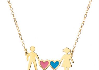 Κολιέ οικογένεια μπαμπάς μαμά και καρδιές ρόζ και μπλε συμβολίζοντας τα 2 παιδιά τους το κορίτσι και αγόρι τους από επιχρυσωμένο ασήμι -  - 