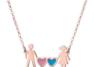 Κολιέ οικογένεια μπαμπάς μαμά και καρδιές ρόζ και μπλέ συμβολίζοντας τα 2 παιδιά τους το κορίτσι και αγόρι τους από ρόζ επιχρυσωμένο ασήμι -  - 