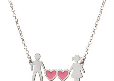 Κολιέ οικογένεια μπαμπάς μαμά και καρδιές ρόζ συμβολίζοντας τα 2 κορίτσια τους από ασήμι -  - 