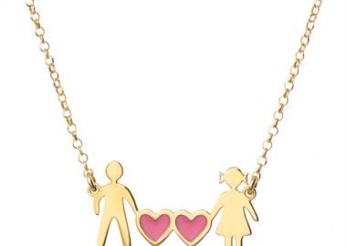 Κολιέ οικογένεια μπαμπάς μαμά και καρδιές ρόζ συμβολίζοντας τα 2 κορίτσια τους από επιχρυσωμένο ασήμι -  - 