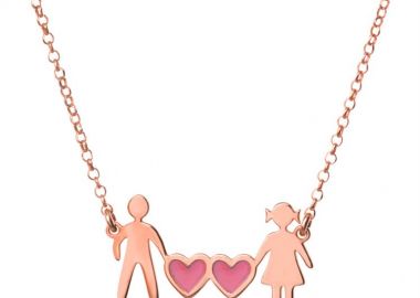 Κολιέ οικογένεια μπαμπάς μαμά και καρδιές ρόζ συμβολίζοντας τα 2 κορίτσια τους από ρόζ επιχρυσωμένο ασήμι -  - 