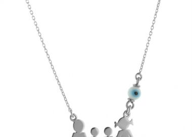 Κολιέ οικογένεια μπαμπάς μαμά και παιδιά 2 αγόρια από ασήμι με ματάκι -  - 