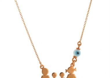 Κολιέ οικογένεια μπαμπάς μαμά και παιδιά 2 αγόρια από ρόζ επιχρυσωμένο ασήμι με ματάκι -  - 