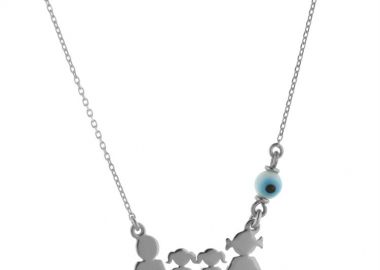 Κολιέ οικογένεια μπαμπάς μαμά και παιδιά 2 κορίτσια από ασήμι με ματάκι -  - 