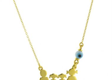 Κολιέ οικογένεια μπαμπάς μαμά και παιδιά 2 κορίτσια από επιχρυσωμένο ασήμι με ματάκι -  - 