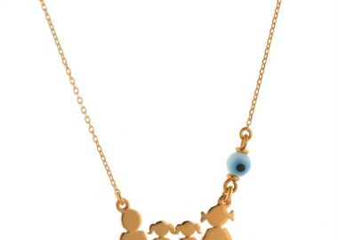 Κολιέ οικογένεια μπαμπάς μαμά και παιδιά 2 κορίτσια από ρόζ επιχρυσωμένο ασήμι με ματάκι -  - 