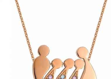 Κολιέ οικογένεια μπαμπάς μαμά και παιδιά 2 κορίτσια και ένα αγόρι από ρόζ επιχρυσωμένο ασήμι με πέτρες ζιργκόν -  - 