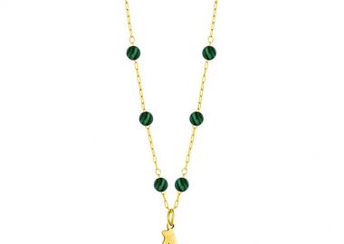 Κολιέ Ροζάριο Από Ανοξείδωτο Ατσάλι Επιχρυσωμένο 24Κ Με Ημιπολύτιμο Λίθο Μαλαχίτη Και Μονόγραμμα AA14669 - AMOR AMOR - 