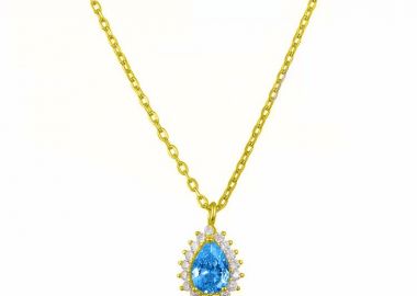 Κολιέ Ροζέτα Από Ασήμι 925 Επιχρυσωμένο Δάκρυ Με Ζιργκόν Blue Topaz SS12247 - AMOR AMOR - 