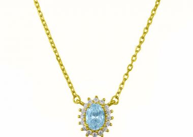 Κολιέ Ροζέτα Από Ασήμι 925 Επιχρυσωμένο Οβάλ Με Ζιργκόν Aqua SS12249 - AMOR AMOR - 