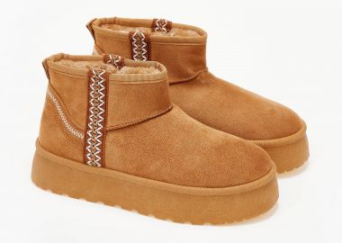 Κοντά μποτάκια με γούνα και ψηλή σόλα - Κάμελ - Issue - 