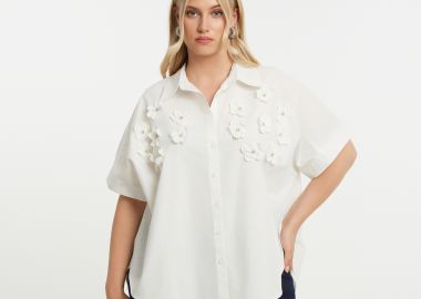 Κοντομάνικο βαμβακερό πουκάμισο με κεντητές cutwork λεπτομέρειες - MAT FASHION - 