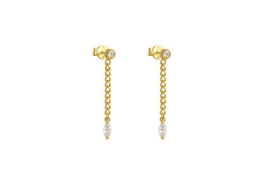 Κρεμαστά σκουλαρίκια από ασήμι 925 με λευκά ζιργκόν και αλυσίδα, επιχρυσωμένα -  - 