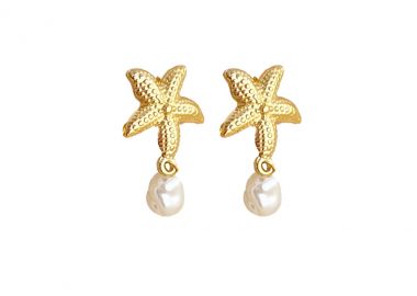 Κρεμαστά σκουλαρίκια αστερίες με πέρλα από ανοξείδωτο ατσάλι σε χρυσή απόχρωση -  - 