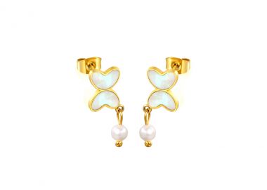 Κρεμαστά σκουλαρίκια πεταλούδες με σμάλτο και πέρλες από ανοξείδωτο ατσάλι σε χρυσή απόχρωση -  - 