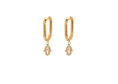 Κρίκοι σκουλαρίκια με χέρι Φατιμά και λευκά ζιργκόν από ανοξείδωτο ατσάλι σε χρυσή απόχρωση -  - 